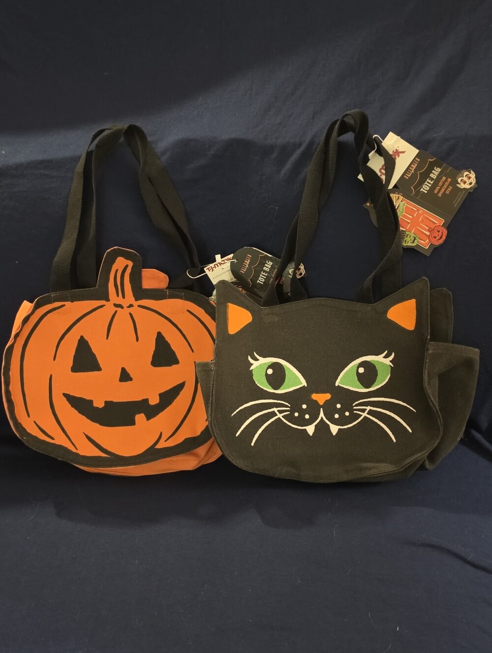 Set Of 2 Halloween Totebags Pumpkin And Cat